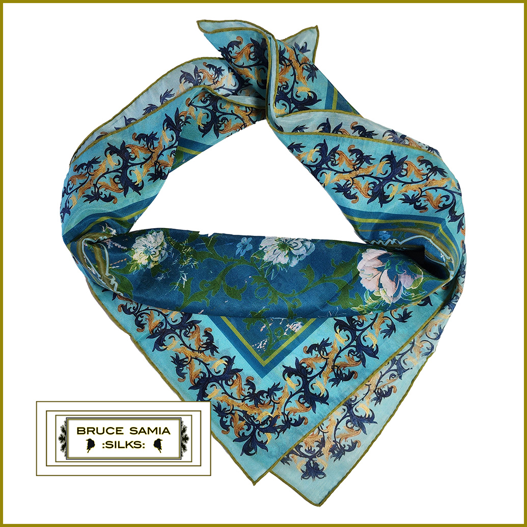 Floral Manuscript - Turkish Blue- Gold - Bandana - NEW! - Image 4