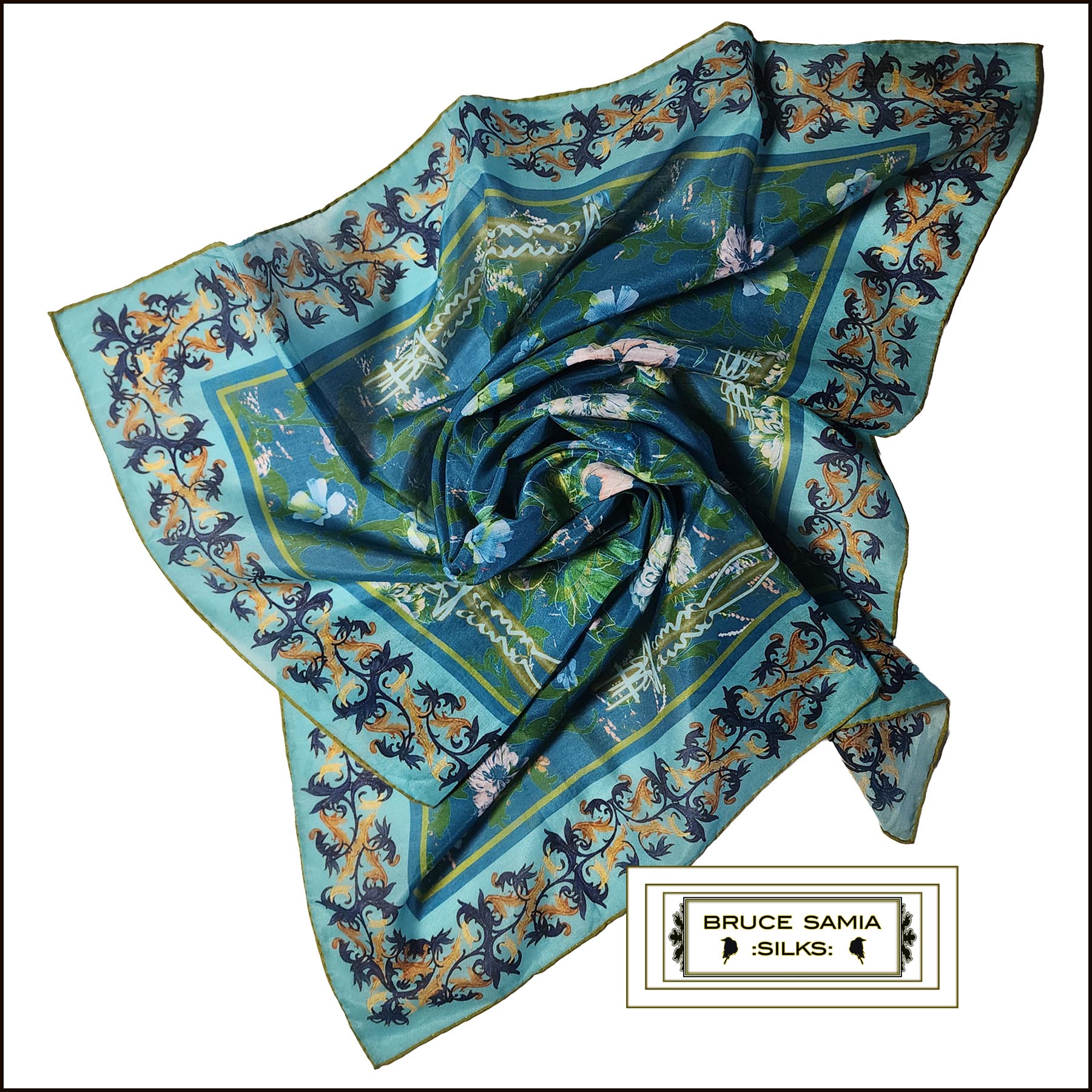 Floral Manuscript - Turkish Blue- Gold - Bandana - NEW! - Image 2