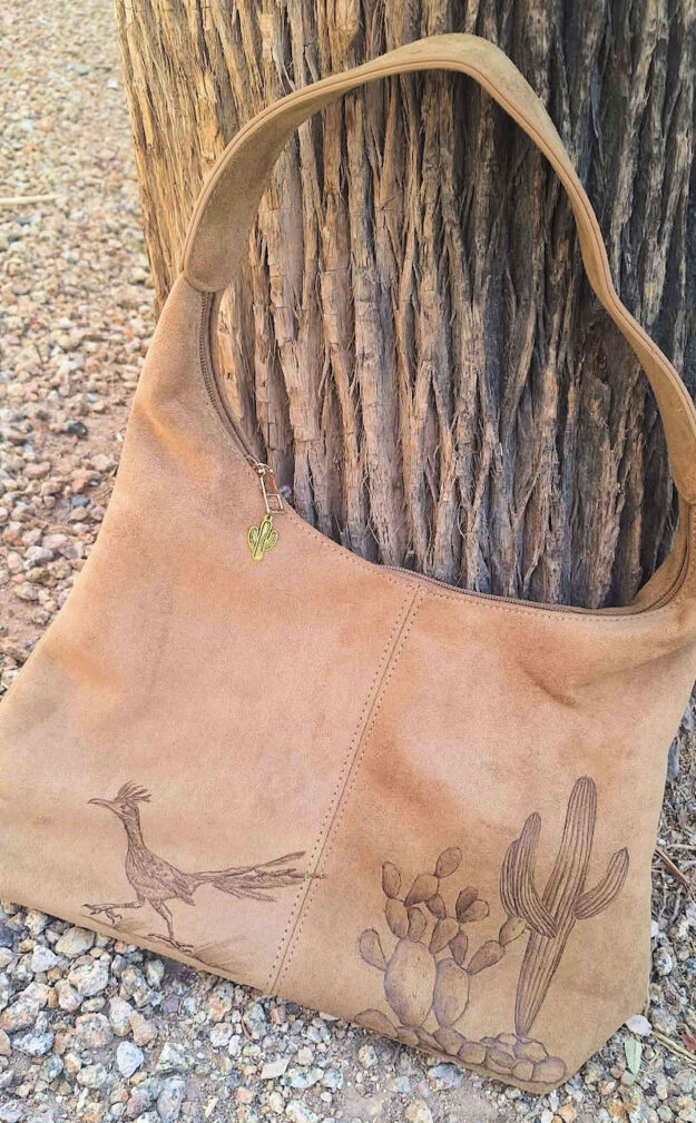 Sweet Arizona hand-burned slouchy suede bag