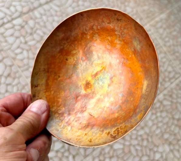 Round copper bowl Heat patinated